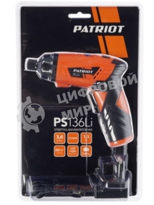 Отвертка аккумуляторная PATRIOT PS 136Li Li-Ion, 3.6 В/1,5 Ач, Реверс, 200 об/мин, 3,5 Нм, патрон: НЕХ 1/4