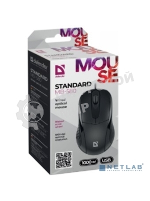 Мышь проводная Defender Standard MB-580 черный, 1000 dpi, USB, кнопки - 3