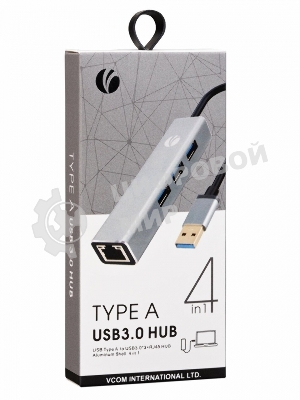 Переходник VCOM USB 3.0 -->RJ-45 1000Mbps+3 USB3.0, Aluminum Shell, 0.2м DH312A