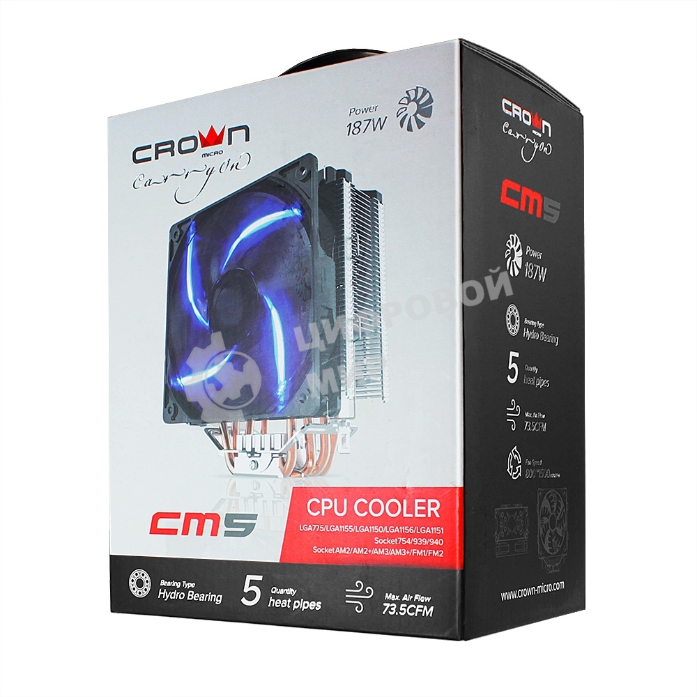 Кулер для процессора Crown CM-5 прозрачный/черный, 120 мм, 1500 об/мин, 30.8 дБ, 4 pin, 187 Вт, 148 мм