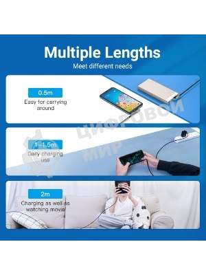 Кабель Vention USB 2.0 CM/CM угловой - 1м. Серый 5А PD100W