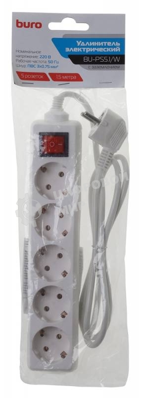 Сетевой удлинитель Buro BU-PS5.1/W 1.5 м (5 розеток) белый (пакет ПЭ)