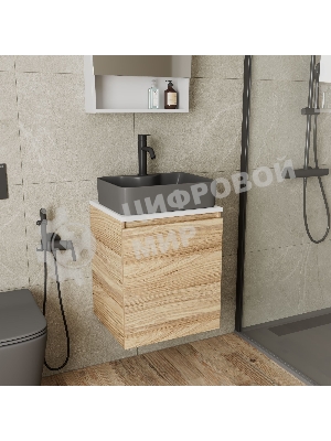 Тумба Bau Dream Blackwood 50 с дверцей, раковина BAU Cerama 48х37 темно-серая матовая, смеситель Hotel Dream Black, нерж. сталь, черный