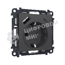 Комплект механизма электрической розетки ALFA Графит мягкое касание 2USB A+C 20W (быстрая зарядка) с/з QUANT (AP9100, VM160) MA910010