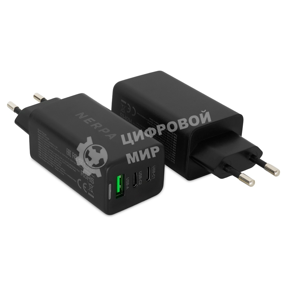 Сетевое зарядное устройство NERPA PD333CBX 65W GaN PD+QC3.0, 2xUSB-C, 1xUSB-A, USB-C - USB-C 100W cable 1.5m черный, EU plug, BOX