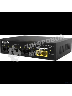 Коммутатор неуправляемый Tenda S110GPC PoE, 10 портов, 8x100 Мбит/с, 2х1 Гбит/с, PoE 8х30 Вт (до 80 Вт), настольный