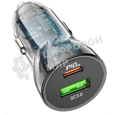 Автомобильная зарядка HOCO Z47A прозрачный 1xUSB-1xUSB-C, 3А PD30W QC3.0, черный