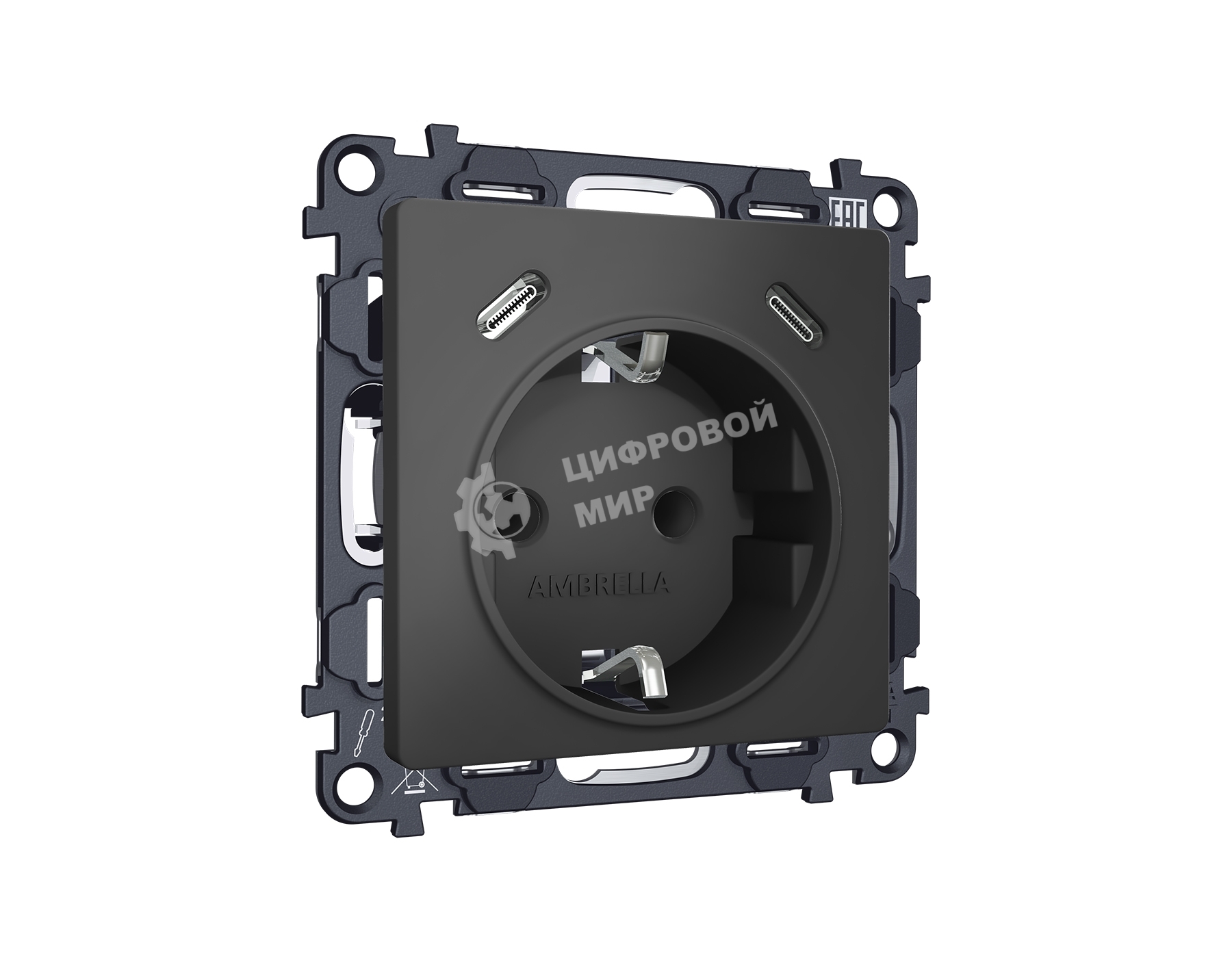 Комплект механизма электрической розетки 2USB С+C 20W с/з на винтовых зажимах 16A-250V ALFA Графит мягкое касание QUANT (AP9105, VM165) MA910510