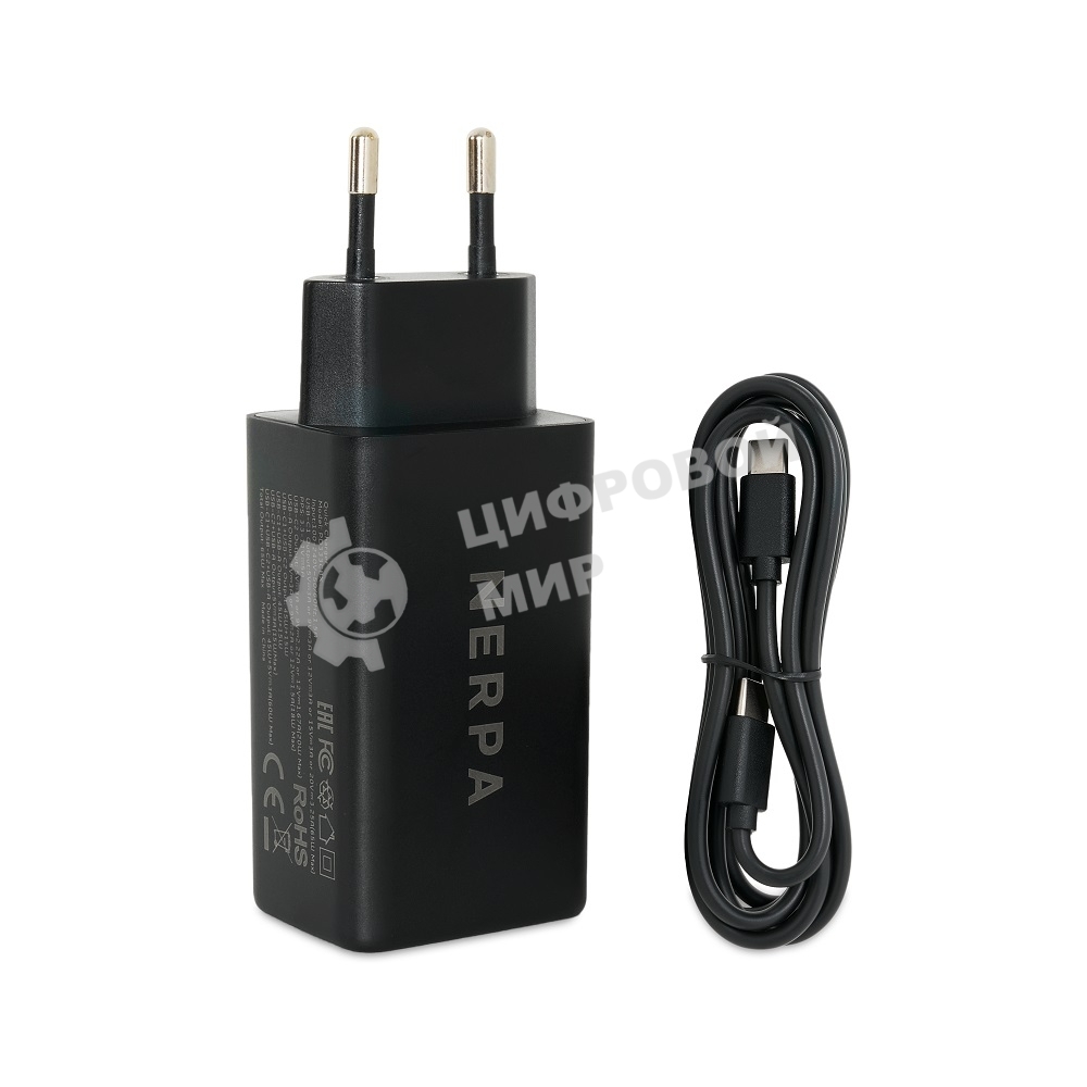 Сетевое зарядное устройство NERPA PD333CBX 65W GaN PD+QC3.0, 2xUSB-C, 1xUSB-A, USB-C - USB-C 100W cable 1.5m черный, EU plug, BOX