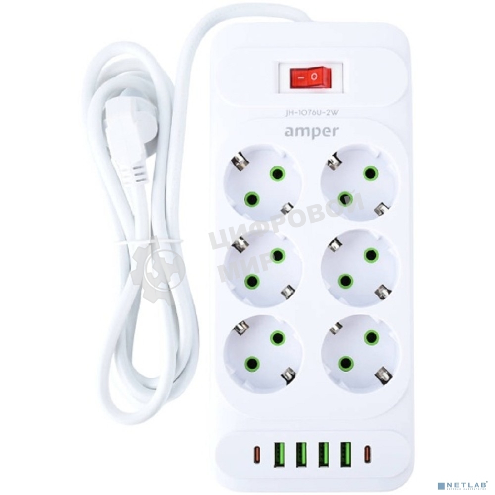 Сетевой удлинитель Amper 2,0м, 6 розеток, 10А, 2500 Вт, 4 usb, 2 Type-C, белый.