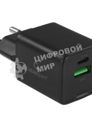 Зарядное устройство Cablexpert MP3A-PC-62, 20Вт GaN, 3А, QC4.0/PD, 1xUSB, 1xType-C, черный, пакет
