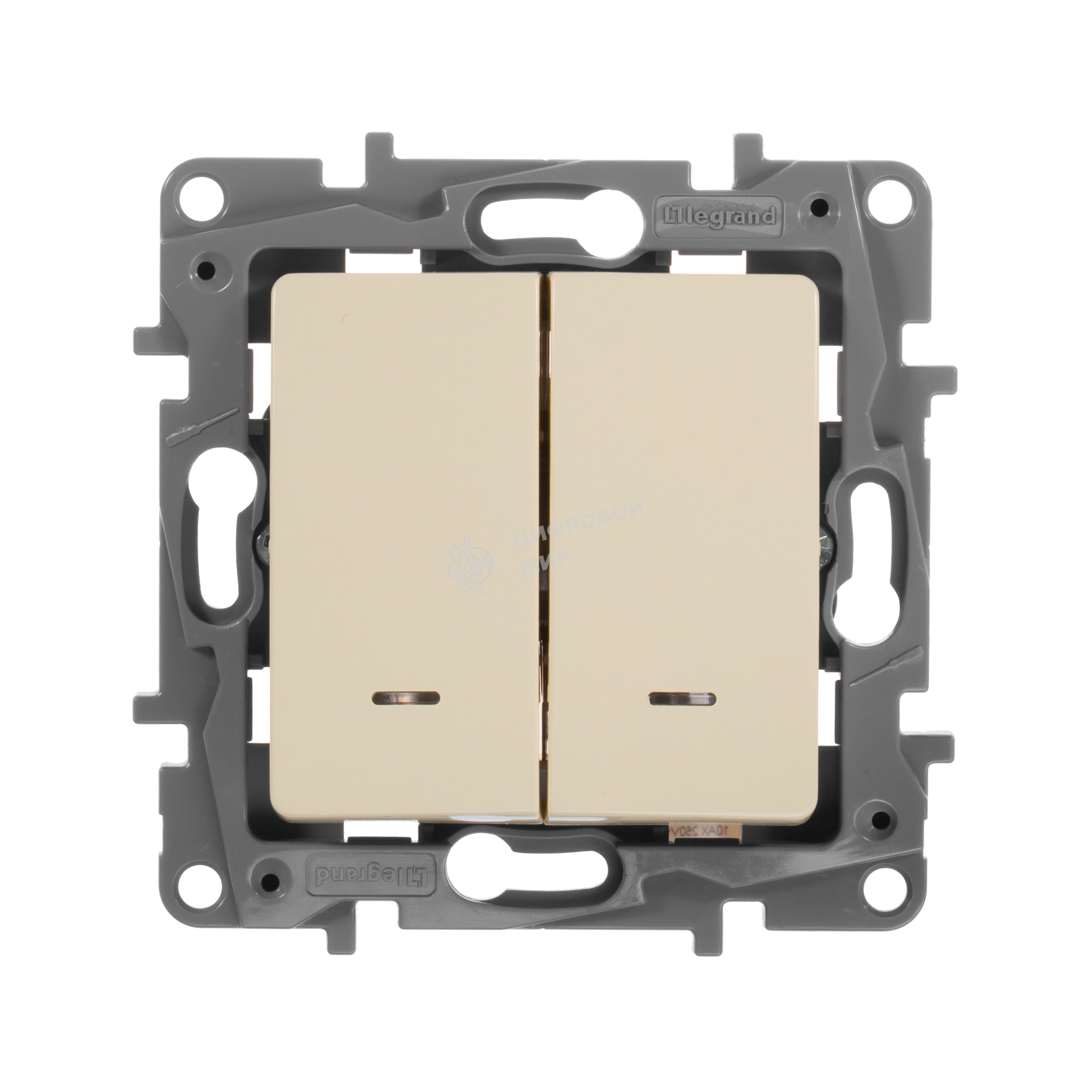 Выключатель 2-клавишный с подсветкой, на винтах, 10АХ, сл. кость