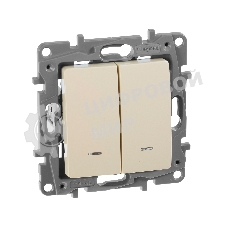 Выключатель 2-клавишный с подсветкой, на винтах, 10АХ, сл. кость