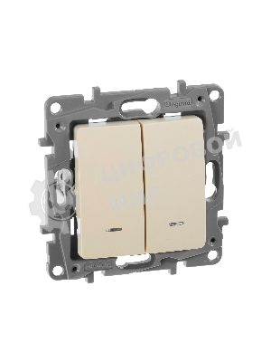 Выключатель 2-клавишный с подсветкой, на винтах, 10АХ, сл. кость