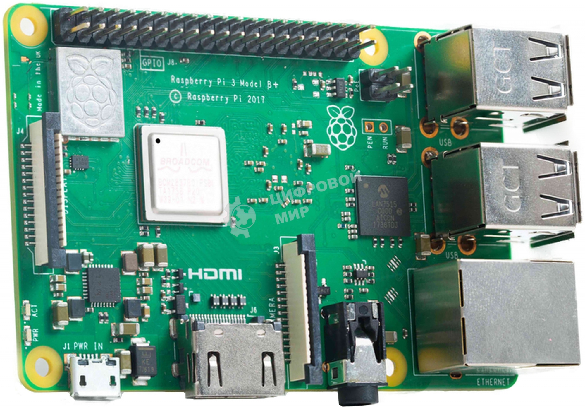 Мини ПК Raspberry Pi 3 Model B+ (RA433, E14 Version) Retail, 1Gb RAM, Cortex-A53 (ARMv8) 64-bit SoC @ 1.4GHz Broadcom BCM2837B0 CPU, WiFi, Bluetooth, 40-pin extended GPIO, 4x USB 2.0, HDMI, CSI camera port, DSI displ.port, MicroSD port (137-3331), (БП и к