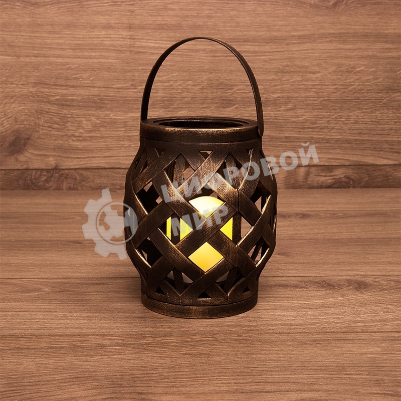 Декоративный фонарь со свечкой, плетеный корпус, бронза, размер 14х14х16,5 см, цвет теплый белый