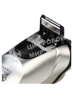 Электробритва Galaxy Line GL 4209, серебряный с черным, роторная, аккумуляторная, 5 Вт, Li-Ion аккумулятор емкостью 600 мА*ч, время непрерывной работы до 1,5 ч, ножи из нержавеющей стали, 3 независимые плавающие головки, возможность промывки бреющего блока, индикатор заряда и работы, встроенный триммер для подравнивания висков, USB зарядка