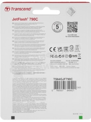 Флешка USB Transcend JetFlash 790С (TS64GJF790C), 64Gb, USB 3.0 Type-C, R/W 90/60, черный/зеленый