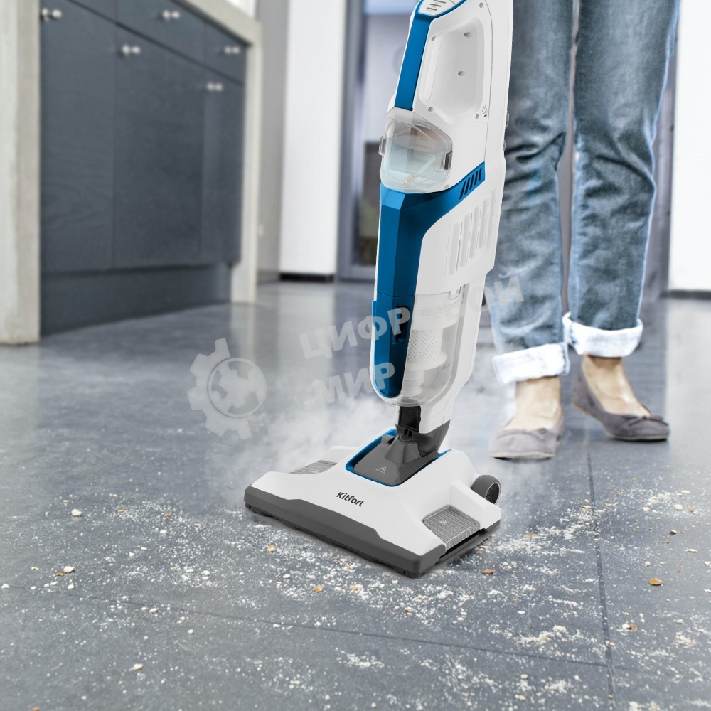 Пылесос вертикальный паровой Kitfort KT-556 белый, питание от сети, 1700 Вт, уборка сухая/паром, пылесборник 0.4 л