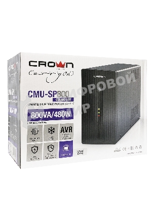 Источник бесперебойного питания CROWN Line Intractive CMU-SP800 COMBO USB 800VA\480W, корпус металл, 1x12V/9AH, розетки 4*IEC + 2*EURO+1*IEC bybass, трансформатор AVR 140-290V, съемный кабель 1.2 м, порт RJ11/45, порт USB, защита: от перегрузки, от КЗ, от скачков напряжения