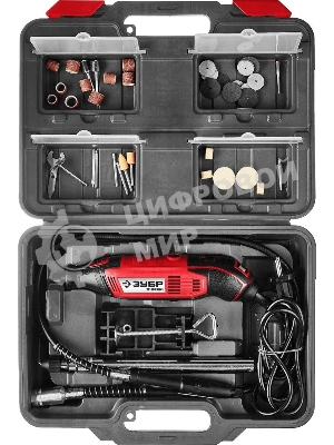 Прямошлифовальная машина (гравер) Зубр ЗГ-160 КН41, 220В, 160 Вт, 3.2 мм, 15000-35000 об/мин, набор насадок, цанг и державок, гибкий вал, штатив, 41 предмет, кейс