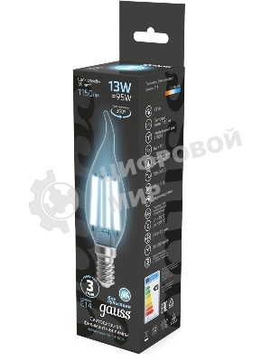 Лампа светодиодная филаментная Gauss Filament 13Вт цок.: E14 свеча св. свеч. бел. нейт. (упак.: 10 шт)