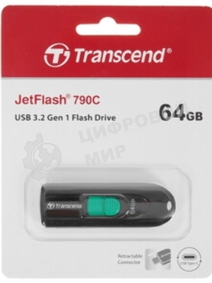 Флешка USB Transcend JetFlash 790С (TS64GJF790C), 64Gb, USB 3.0 Type-C, R/W 90/60, черный/зеленый