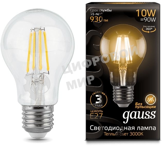 Лампа светодиодная Gauss Filament A60 E27 10Вт 2700К