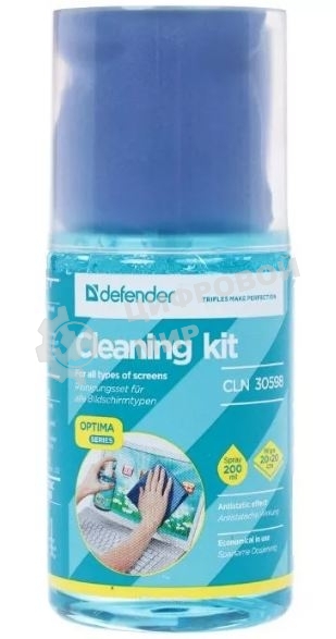 Чистящий спрей Defender для экранов/пластиковый флакон с пульверизатором 200 мл + микрофибра 20 х 20 см/Беларусь
