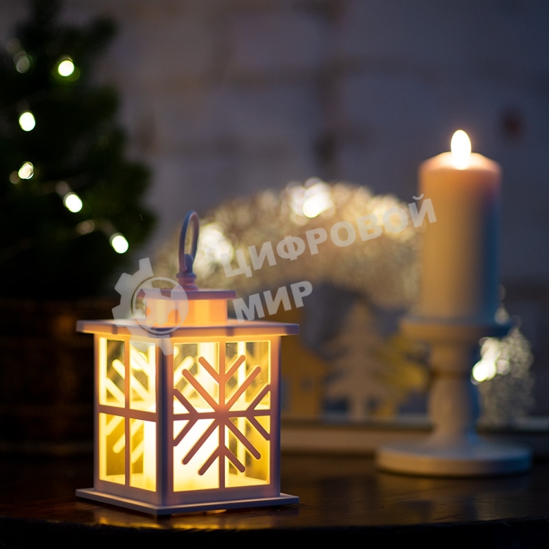 Декоративный фонарь Neon-night со свечкой, белый корпус со снежинкой, размер 12х12х18 см, цвет теплый белый