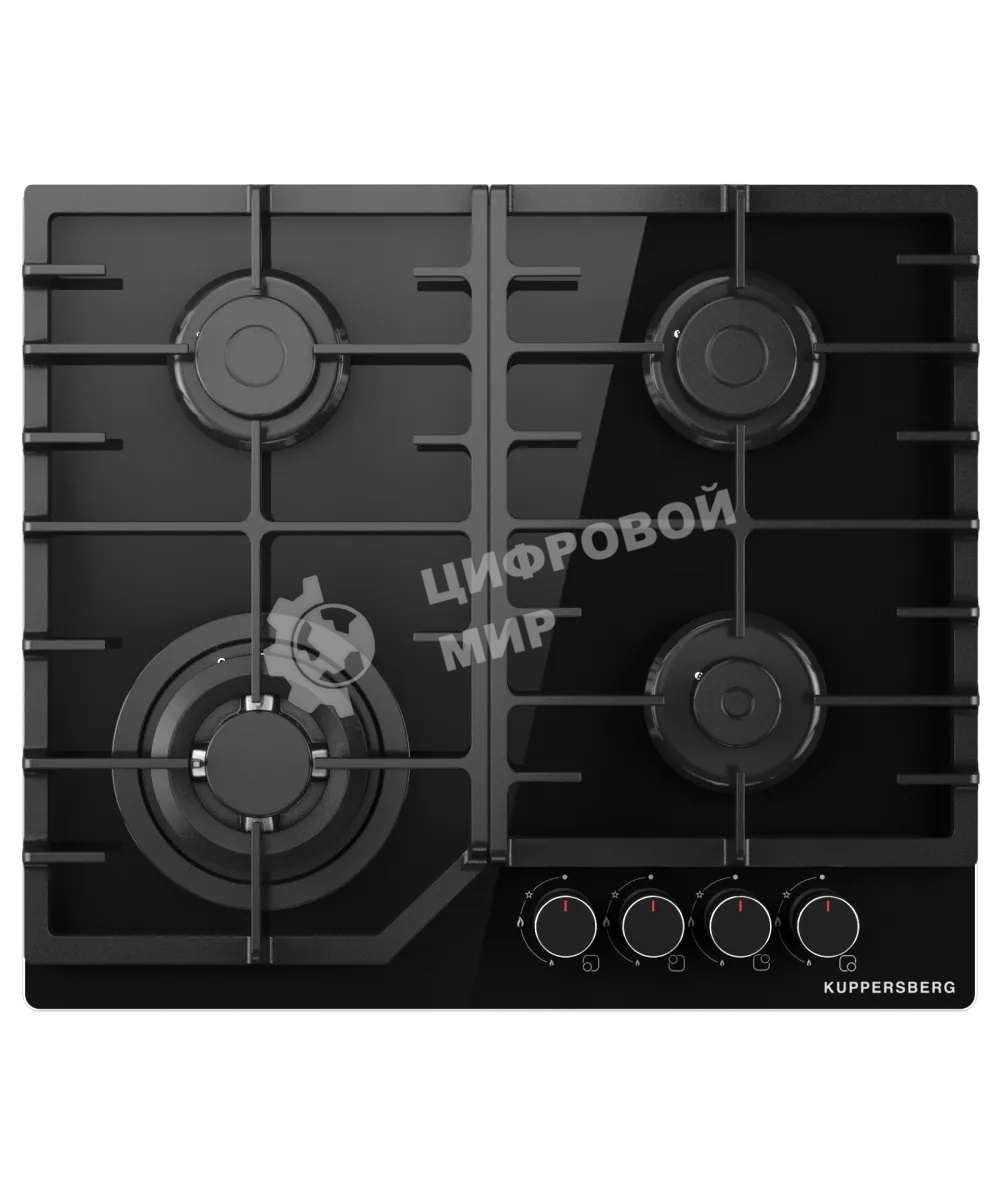 Варочная панель Kuppersberg FG 66 B газ, High-Tech, 59 см, автоматический электроподжиг, газ-контроль, форсунки под сжиженый газ, SABAF конфорки, чугунные решетки, цвет черный, цвет фурнитуры черный
