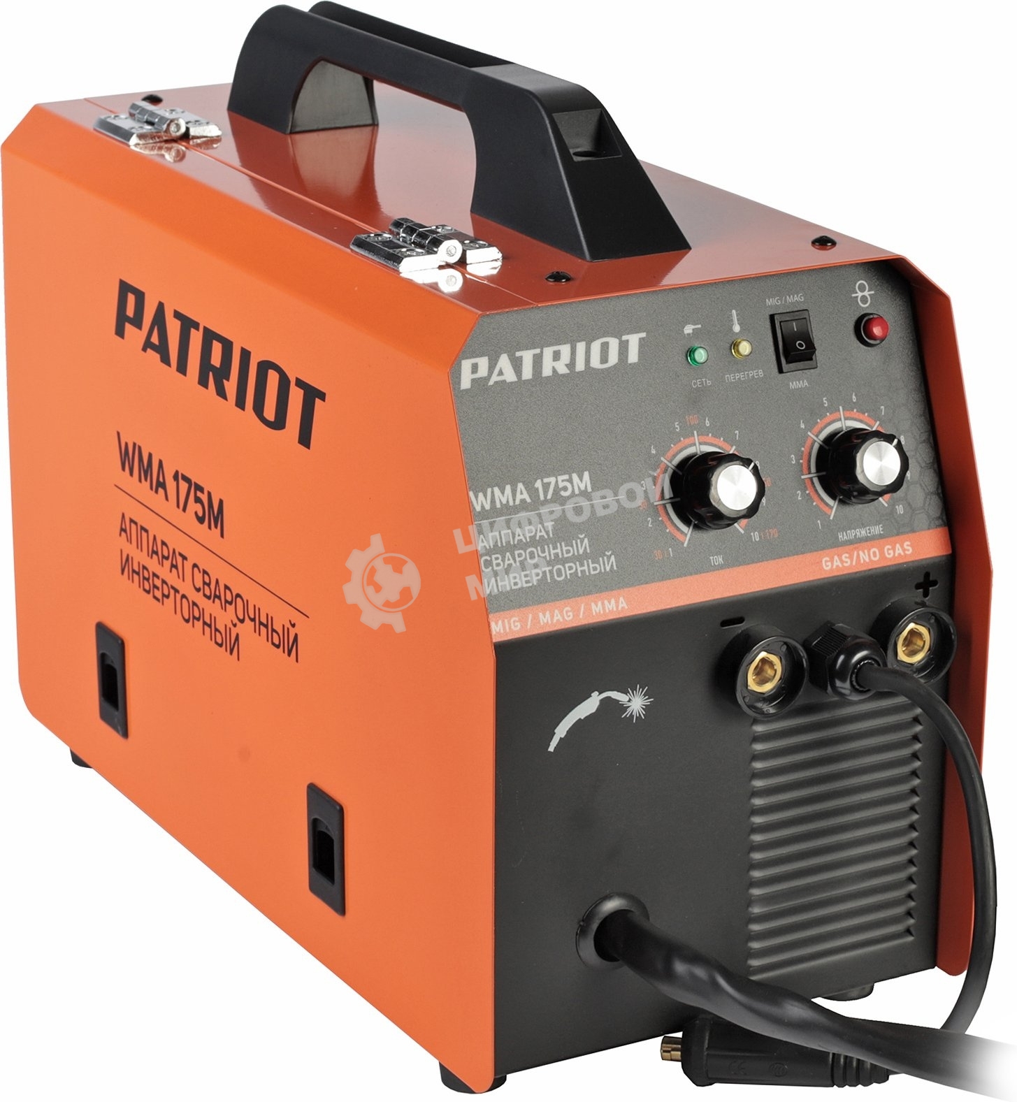 Полуавтомат сварочный инверторный PATRIOT WMA 175M MIG/MAG/MMA, полуавтоматическая сварка в среде газа (MIG/MAG) стальной и флюсовой проволокой 0.6/0.8 мм, сварка электродом (MMA) до 4мм, сварочный ток в режиме MIG: 40-170А; сварочный ток в режиме MMA: 40