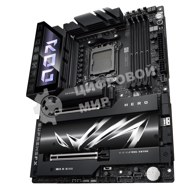 Материнская плата ASUS ROG CROSSHAIR X870E HERO, AM5, AMD X870E, 4xDDR5, 4xSATA, 5xM.2, 2xPCI-E 5.0 x16, 1xHDMI, 2xUSB-C (видео), 2x 5Gb LAN, 6xUSB-A 3.2 Gen 2, 2xUSB-C 3.2 Gen 2, 2xUSB4, 2x3.5 мм, 7.1, ATX