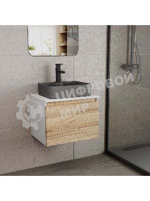 Комплект: тумба Bau Dream Blackwood 60, 1 ящик, раковина BAU Cerama 48х37, темно-серая, смеситель Hotel Black, черный матовый