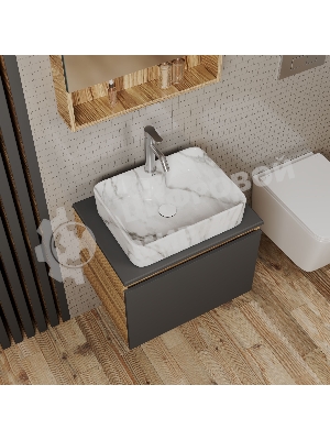 Комплект: тумба Bau Dream Blackwood графит 60, 1 ящик, раковина прямоугольная BAU Cerama 48х37, мрамор, смеситель Hotel Dream, нерж сталь, выпуск клик клак белый
