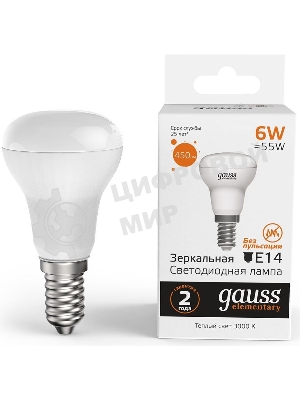 Лампа светодиодная Gauss Elementary 63116 6Вт цок.: E14 рефлек. 220B 3000K св. свеч. бел. теп. (упак.: 10 шт)