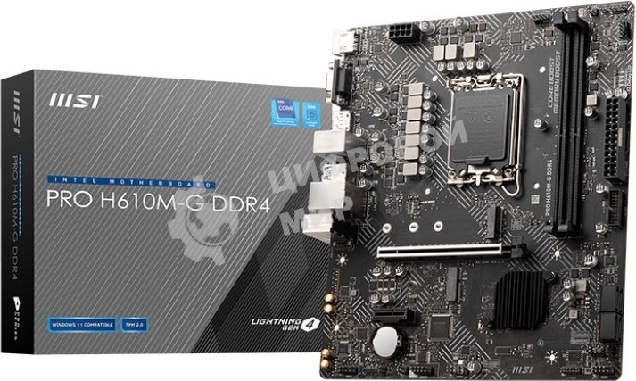 Материнская плата MSI PRO H610M-G, LGA 1700, Intel H610, 2xDDR5, 4xSATA, 1xM.2, 1xPCIe 4.0 x16, 1xPCIe 3.0 x1, 1xHDMI, 1xDP, 1xVGA, 1xRJ45 1Gb, 2xUSB-A 3.2 Gen 1, 4xUSB-A 2.0, 3x3.5мм, 7.1, mATX