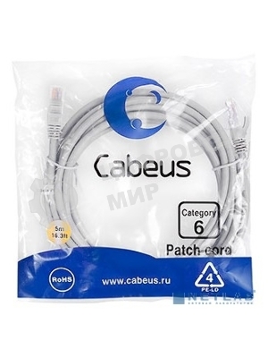 Шнур комм. Cabeus, cat.6, неэкр., U/UTP, RJ45/RJ45, PVC, AWG24, 5м, серый