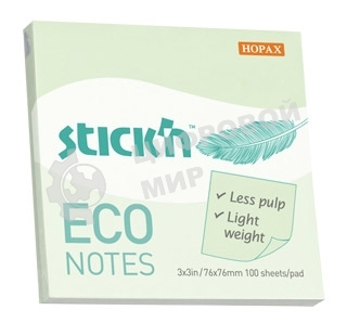 Блок самоклеящийся бумажный Stick`n ECO 21748 76x76 мм, 100 листов, 60 г/м2, пастель, зеленый