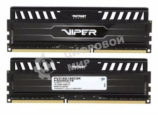 Оперативная память Patriot Viper 3, DDR3, 16GB (2x8 GB), 1600 MHz, CL9, DIMM, радиатор, черный