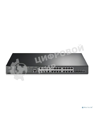 Коммутатор TP-Link 24-port Gigabit Managed PoE switch with 4 10G SFP+ ports, support 802.3af/at PoE, 1 console port, 19-inch rack mount, support L2/L2+ features.