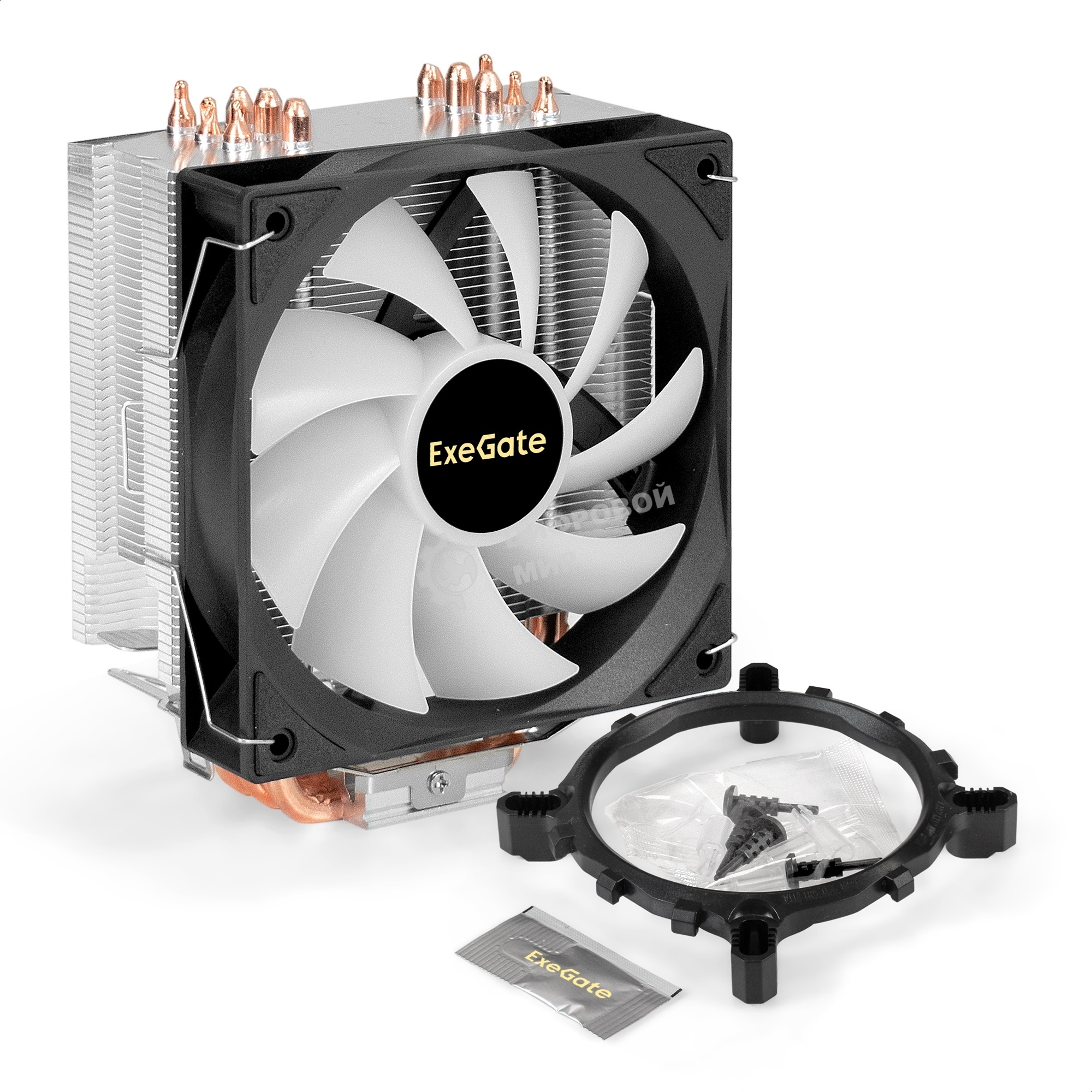 Кулер ExeGate Wizard EXX600-PWM.ARGb (Al+Cu, 6 тепл.трубки, LGA775/1150/1151/1155/1156/1200/1700/1851/AM2/AM2+/AM3/AM3+/AM4/AM5/FM1/FM2/754/939/940, TDP 180W, Fan 120мм PWM, 800-2400RPM, Hydro bearing, 4pin + 5V 3pin ARGb, 11-24db, 540г, ARGb подсветка, с