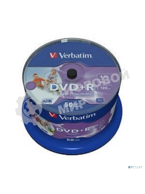 Диск DVD+R Verbatim 4.7Gb 16x Cake Box (50шт) Printable (43512)