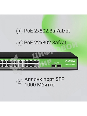 Коммутатор Digma DSP224G-2S-R400 (L2) 24x1Gbит/с 2SFP 24PoE 24PoE+ 2PoE++ 400W неуправляемый
