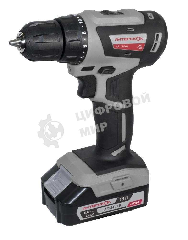 Дрель-шуруповерт ИНТЕРСКОЛ ДА-10/18В, 18 В, 2 Ач, 42 Нм, бесщеточный