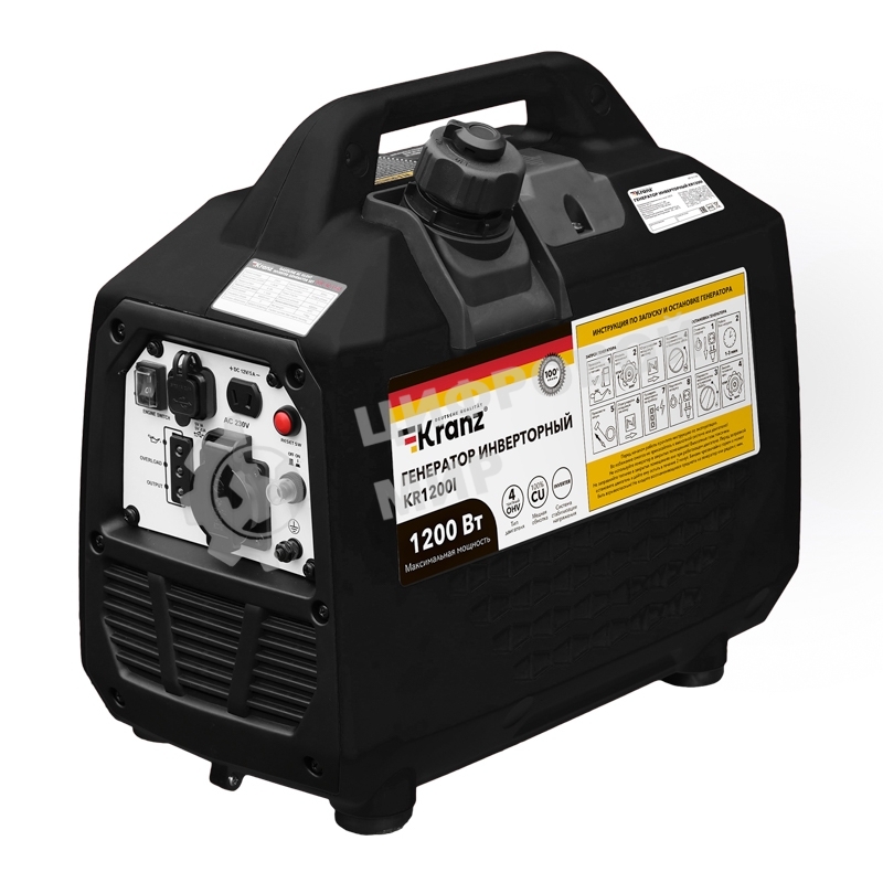 Генератор инверторный Kranz KR1200I, 1,2кВт, 230В, 2л, закрытый корпус, ручной старт