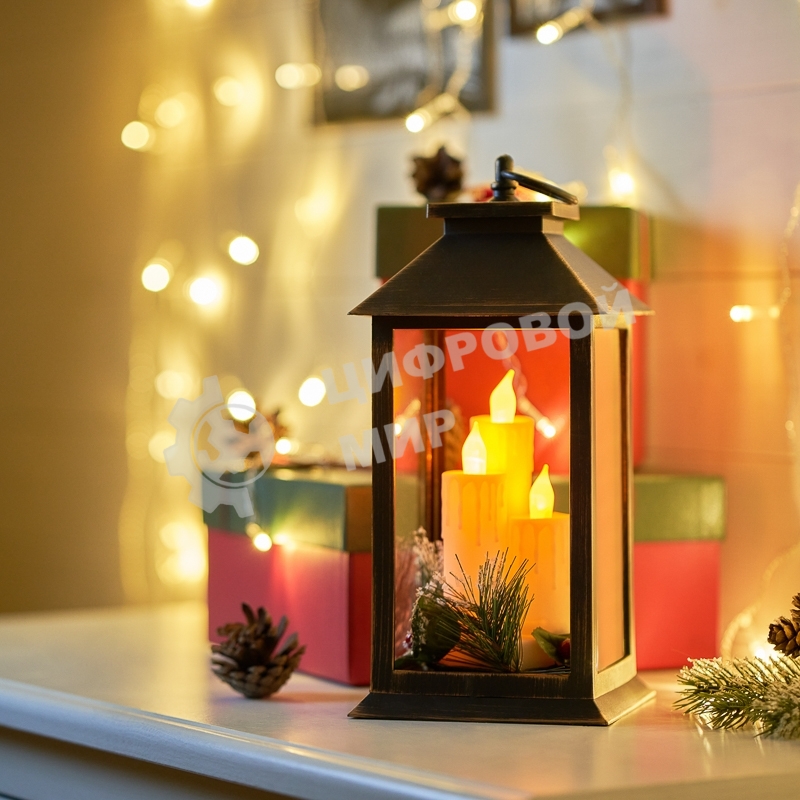 Декоративный фонарь Neon-night со свечкой и шишкой, бронзовый корпус, размер 14x14x27 см, цвет теплый белый