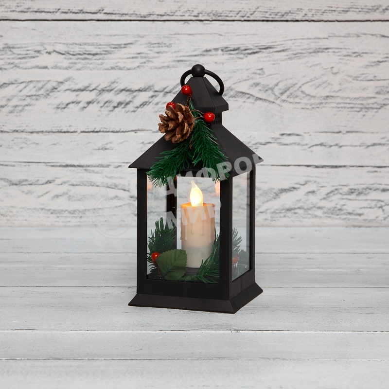 Декоративный фонарь Neon-night со свечкой и шишкой, черный корпус, размер 10,7x10,7x23,5 см, цвет теплый белый