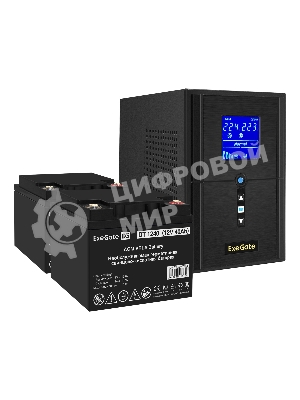 Комплект источника бесперебойного питания Exegate EX295988RUS + батарея 40Aч EX282976RUS 2шт (инвертор, синус, для котла) ExeGate SineTower SZ-1500.LCD.AVR.2SH.1C13.USB <1500VA/1200W, чистый синусоида, LCD дисплей, AVR, 2хSchuko+1хC13, USB, линейно-интерактивный, черный> + батарея ExeGate DT 1240 (12В, 40А·ч) 2шт