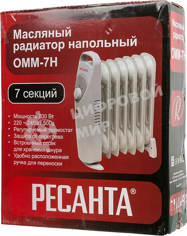 Обогреватель масляный Ресанта ОММ-7Н (7 секций) белый, 700 Вт, 10 м2, термостат 67/3/1